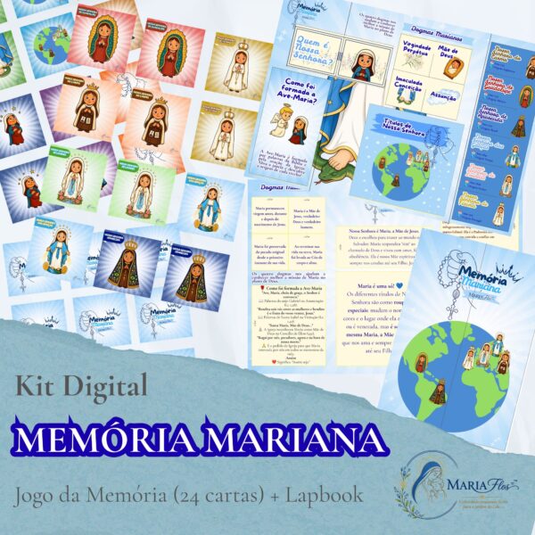 Kit Digital Memória Mariana com jogo da memória e lapbook católico infantil para imprimir.