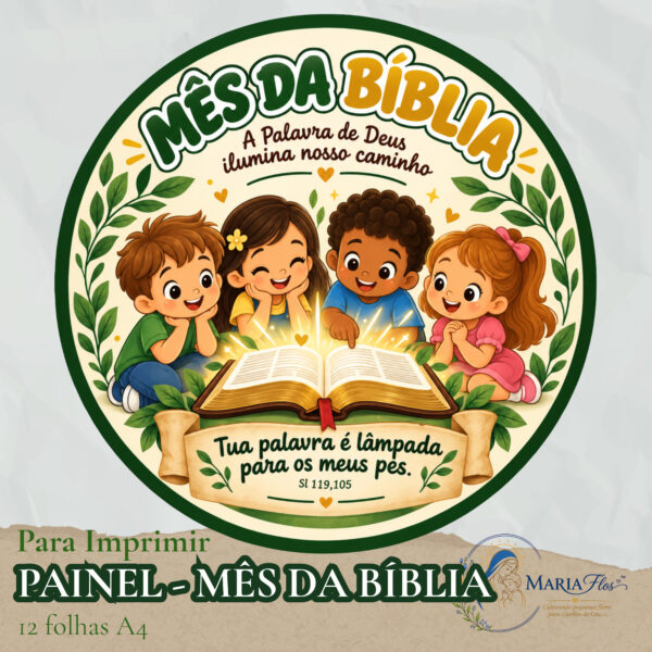 Painel Mês da Bíblia para imprimir em 12 folhas A4 para catequese infantil